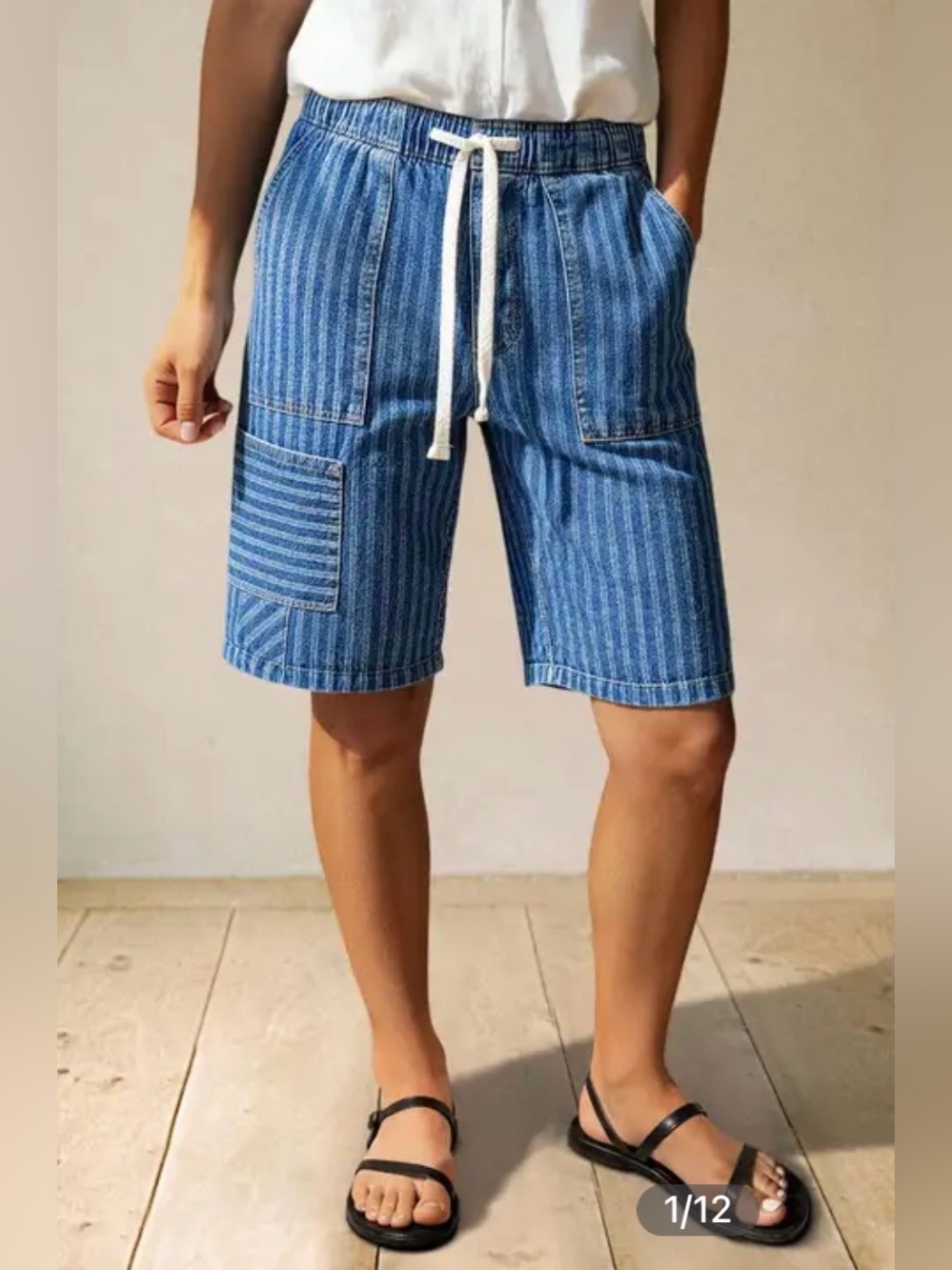 Flamingals Striped Drawstring Elastic High Rise Denim Bermuda Shorts